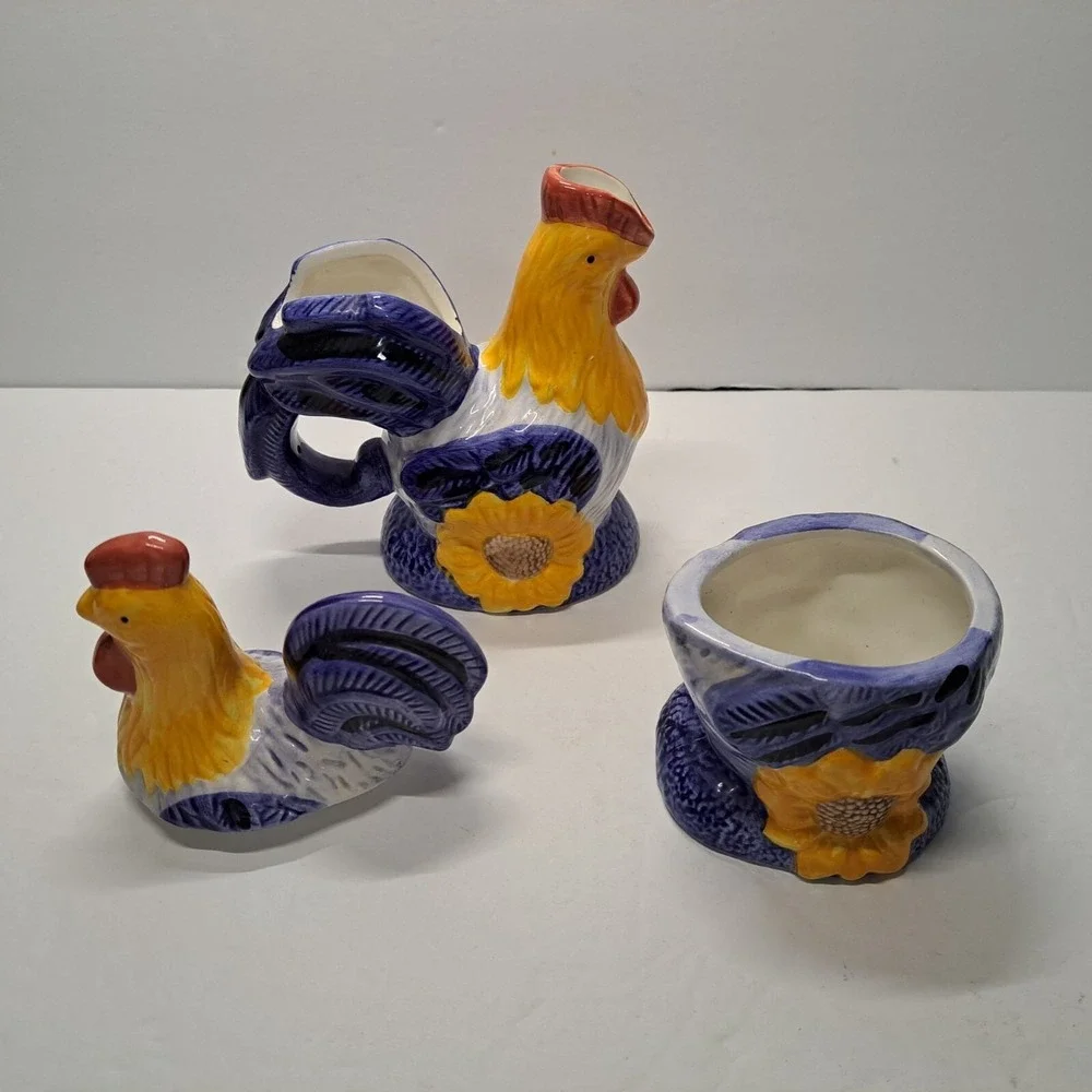 VTG 3 pc Avon Rooster Sunflower Coffee Creamer Sugar Set Ceramic 5.5